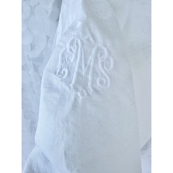 Vintage White 100% Linen DAMASK Tablecloth Floral Rose Embroidered Monogram - Picture 6 of 11
